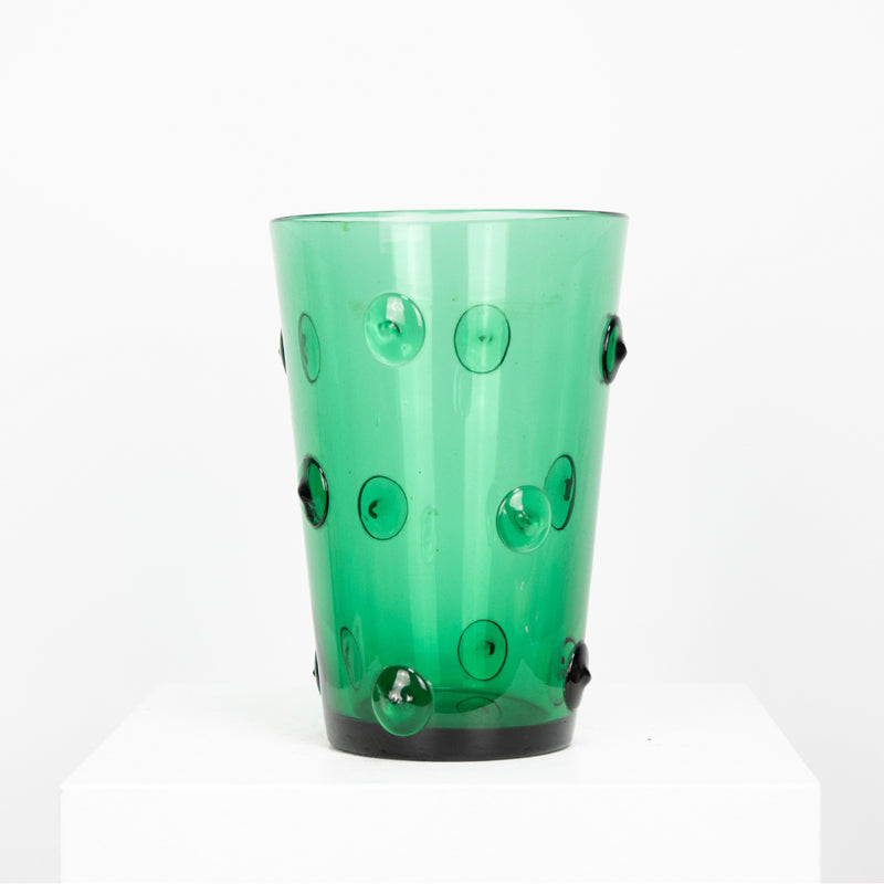 Vase verre soufflé vert, pastille en relief DEBEAULIEU