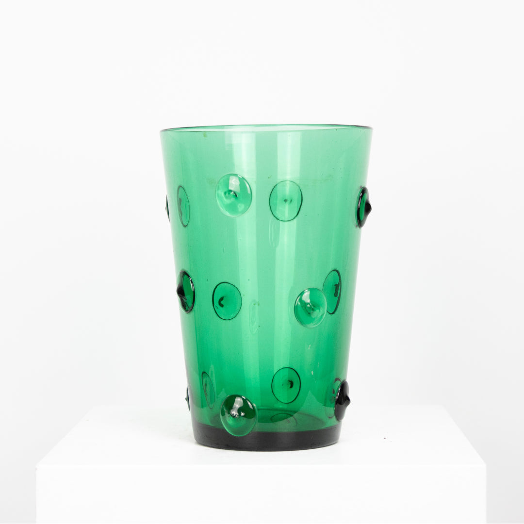 Vase verre soufflé vert, pastille en relief DEBEAULIEU