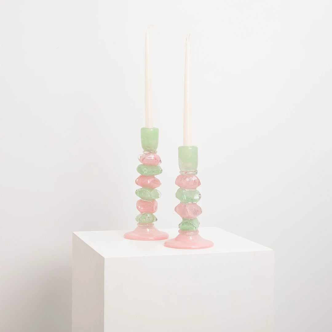 Bougeoir en Verre Soufflé Berlingot Rose et Vert L&S EDG