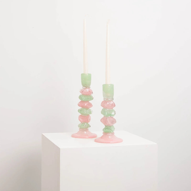 Bougeoir en Verre Soufflé Berlingot Rose et Vert L&S EDG
