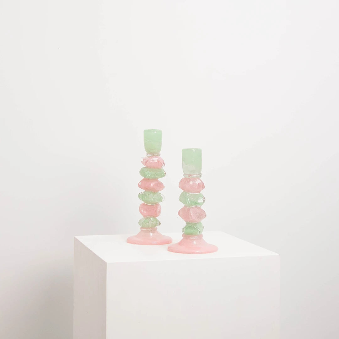 Bougeoir en Verre Soufflé Berlingot Rose et Vert L&S EDG