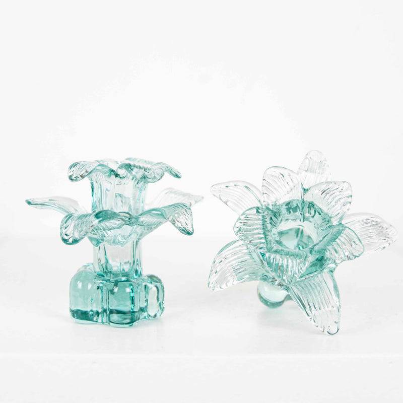 Bougeoir en verre forme de fleur bleue DEBEAULIEU