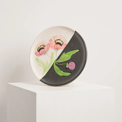 Plat en Céramique Bicolore à Décor Floral Signé BONI DEBEAULIEU